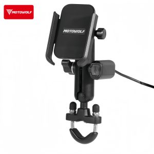 MOTOWOLF Motorcycle Phone Mount with USB Charger, 360° Adjustable Anti-Shake Handlebar Phone Holder
